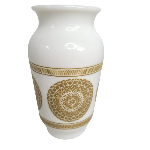Vintage MCM Milk Glass Mandala Medallion Pattern Vase 7" White w Brown Pattern - Picture 3 of 8